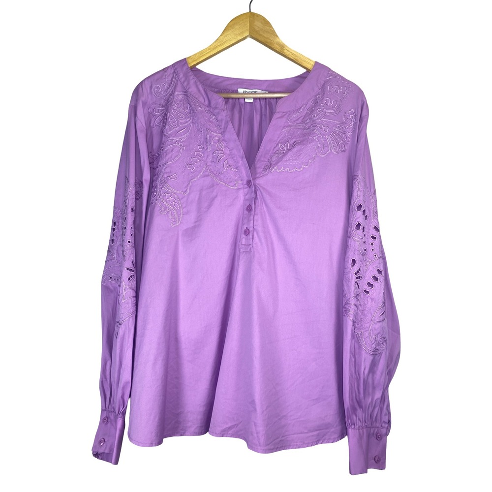Chicos Lilac Eyelet Embroidered Blouse Womens Size 4 US 20 Paisley Poplin Top